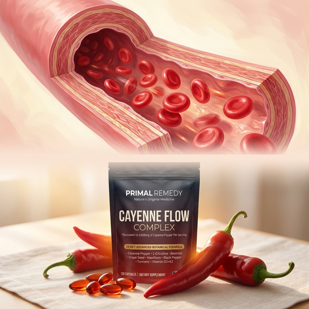 Blood cells flowing through vessel beside cayenne pepper and softgel capsules