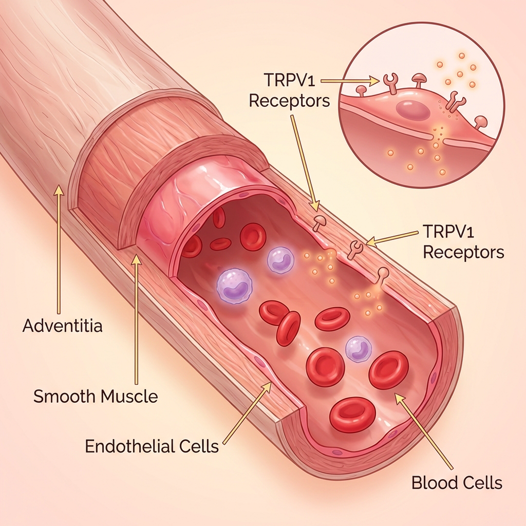 Endothelial cells lining a blood vessel with labeled TRPV1 receptors